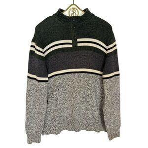 Chaps Mens Mock Neck Striped Button Pullover Sweater Green Gray LARGE Cotton
